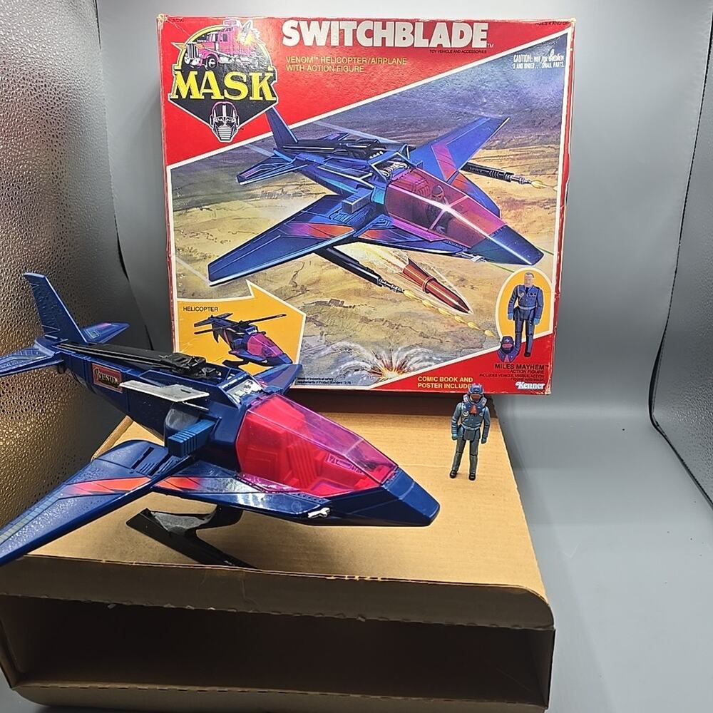 Vintage 1980'S Kenner Mask Switchblade & Miles Mayhem W/ Original Box Helicopter